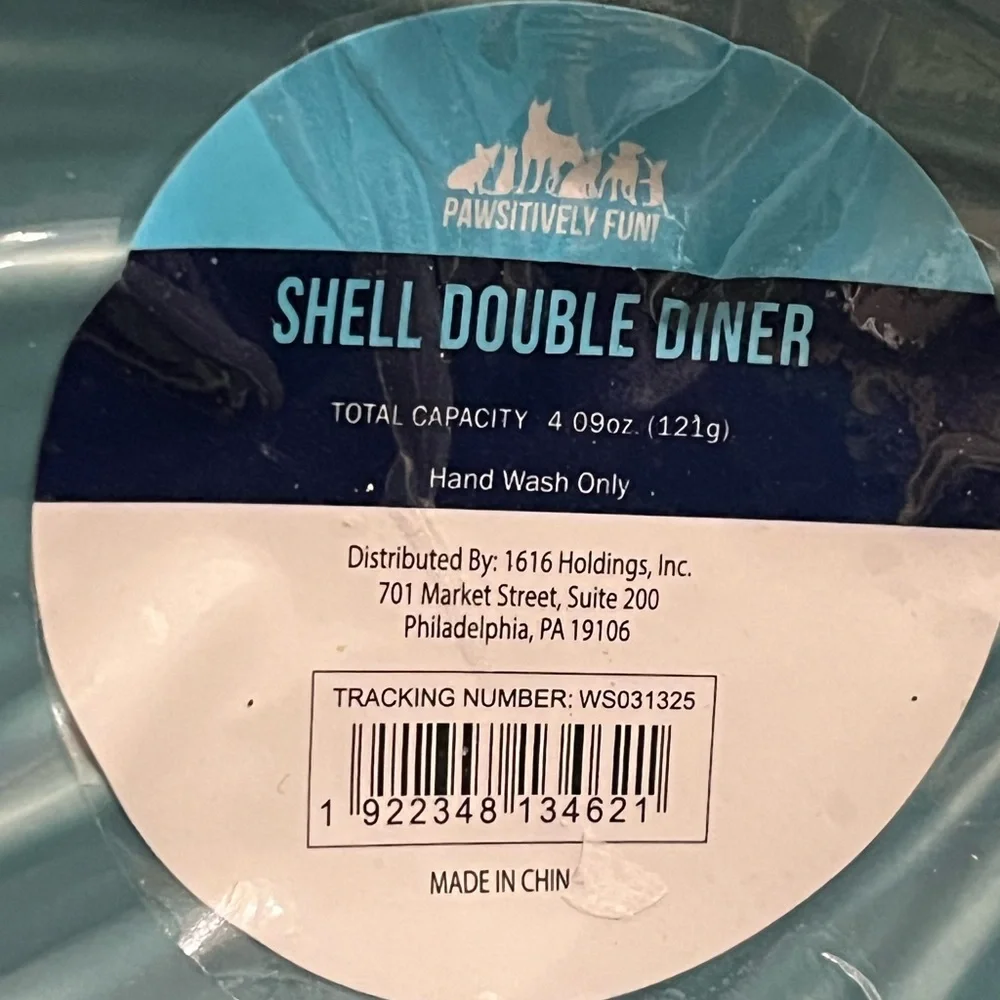 Aqua Shell-Shaped Ceramic Double Diner cat/small dog feeder